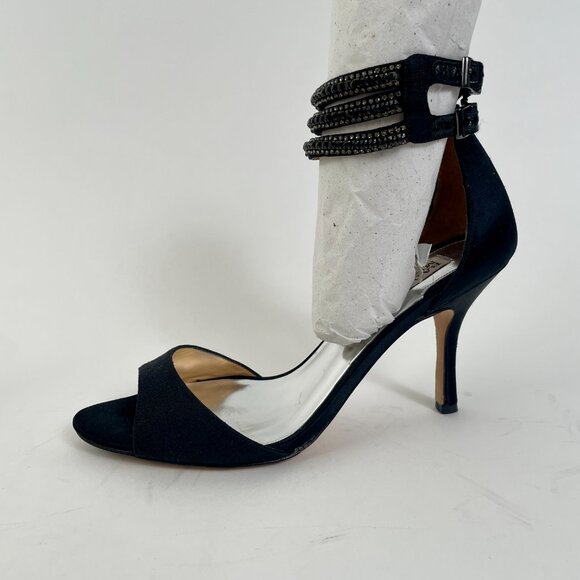 Badgley Mischka Dazzler Black Satin Strappy Heels With Beaded Ankle Strap, Sz 9 - Picture 1 of 10
